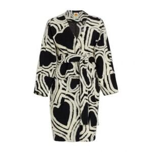 Farm Rio Heart Pattern Sherpa Coat Small Black Cream Belted Textured Jacket